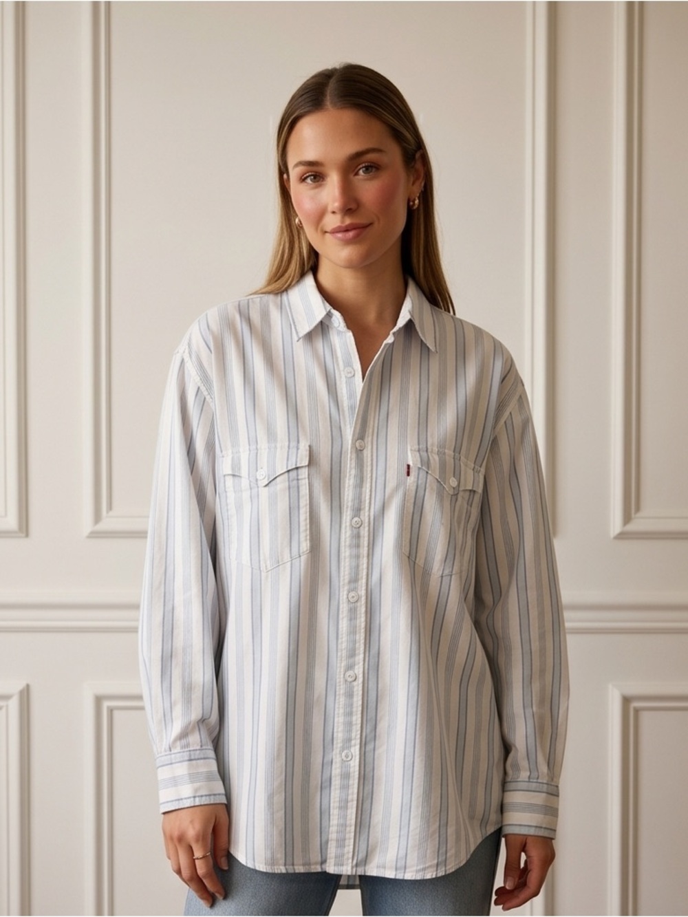 Levi's Blue and White Striped Oversized Button-Up Shirt